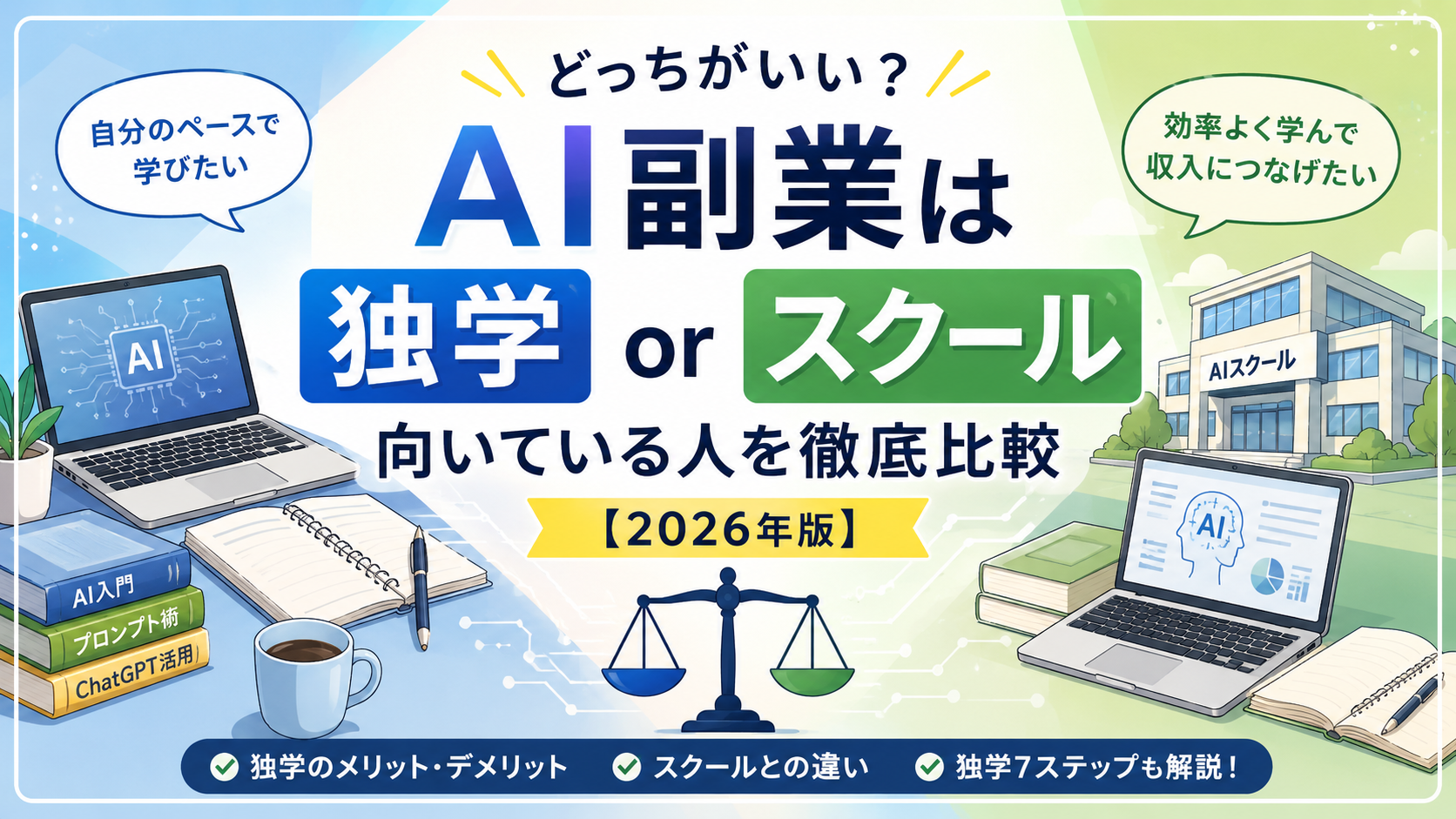 AI副業は独学できる？スクールとの違い・向いている人を徹底比較【2026年版】